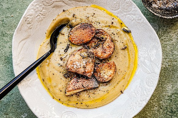 Katrina Meynink’s loaded potato soup with porcini salt.
