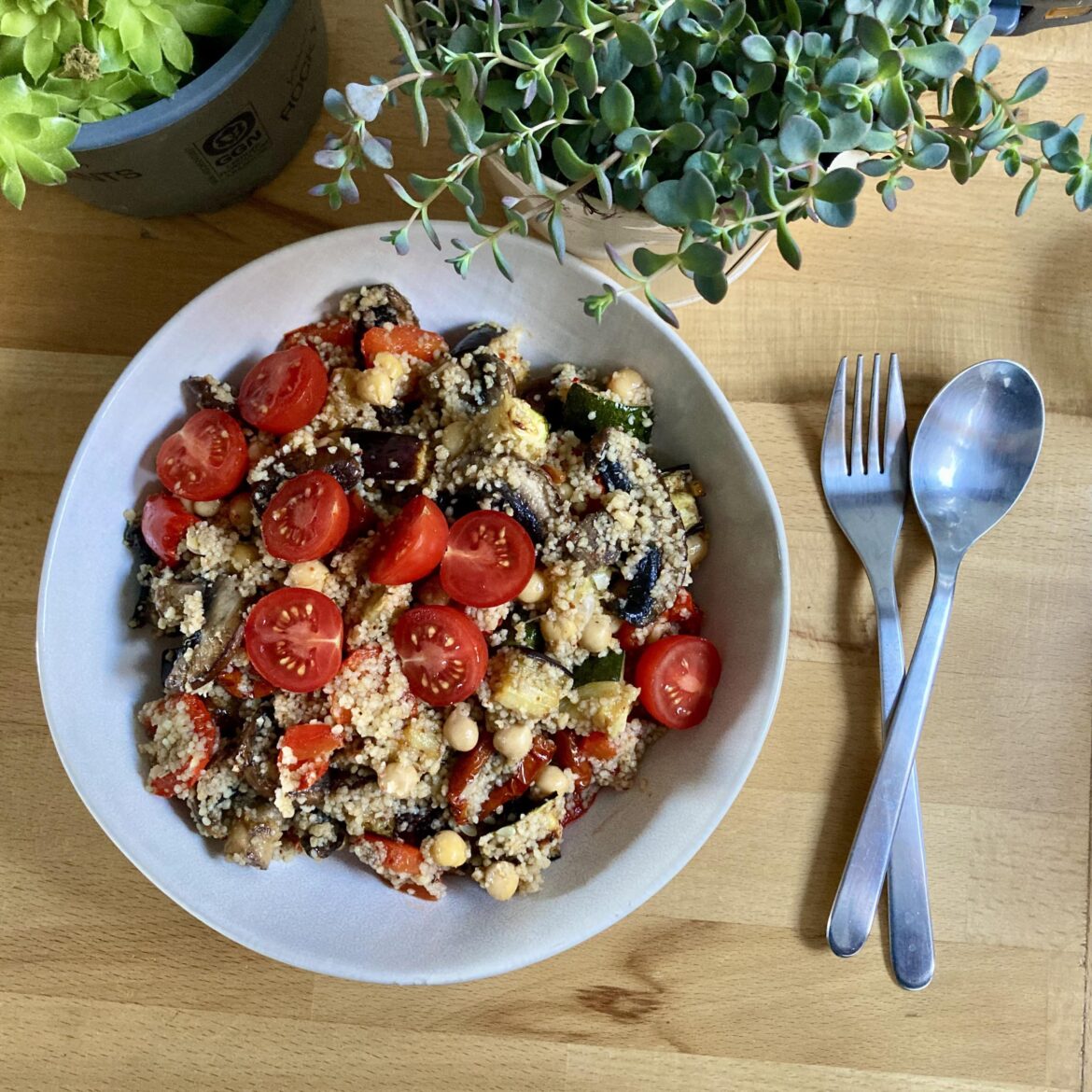 Dinner last night: whole grain semolina with roasted summer vegetables, chickpeas, and cherry tomatoes