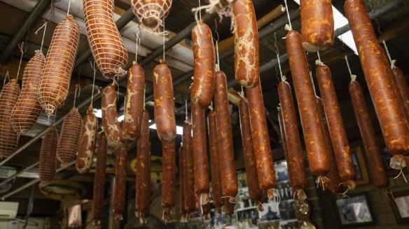 Salami is coloured deep red by pepperoni sauce made in summer.