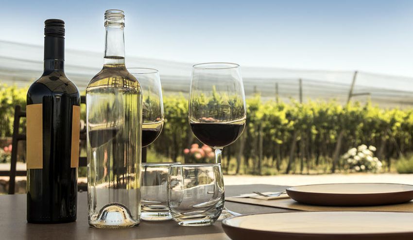 White and red wine bottles on a set dining table with a vineyard in the background