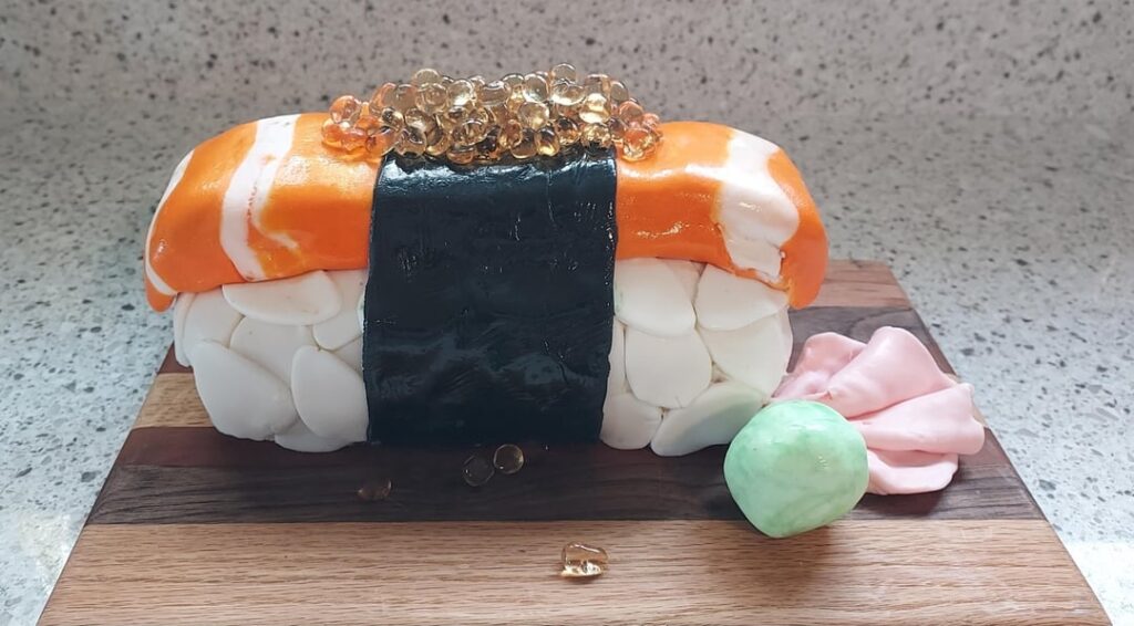 Sushi cake by me (my 9 year old daughter's favorite food). The most enjoyable part was creating the gelatin pearl "roe" on top