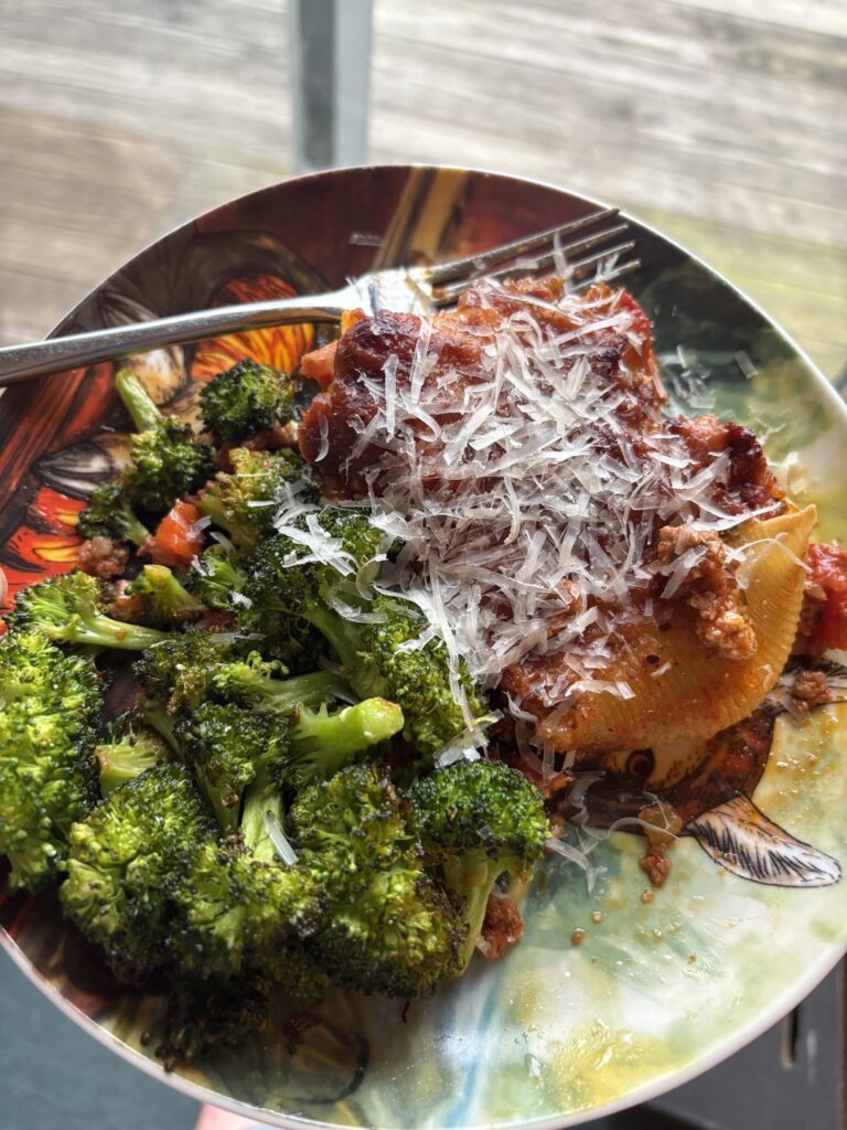 Spinach and ricotta stuffed shells and roasted broccoli