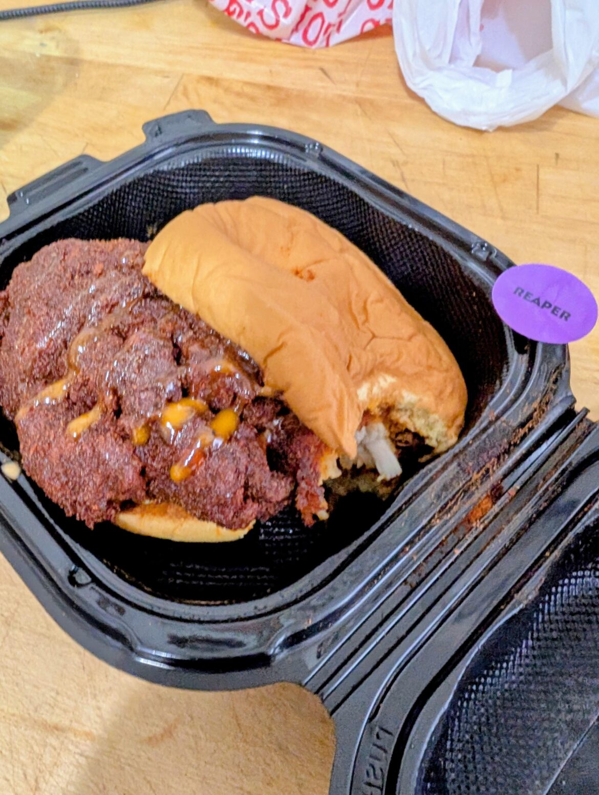 Dave's Hot Chicken Reaper. This is as far as I got. I laughed at the idea of this being "too spicy". GG Dave's