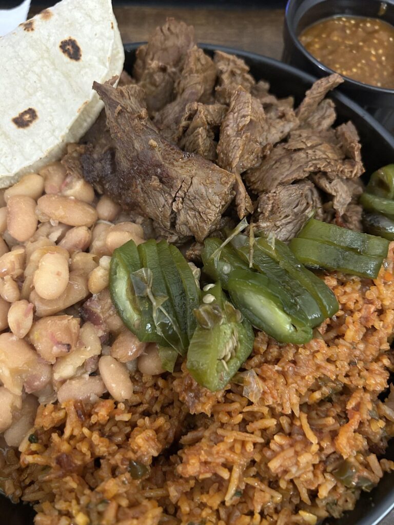 Carne Asada, mayocoba beans, arroz rojo