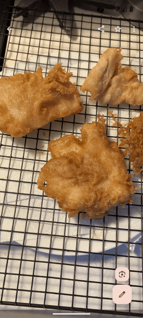 Beer battered cod turned into fish sandwiches.