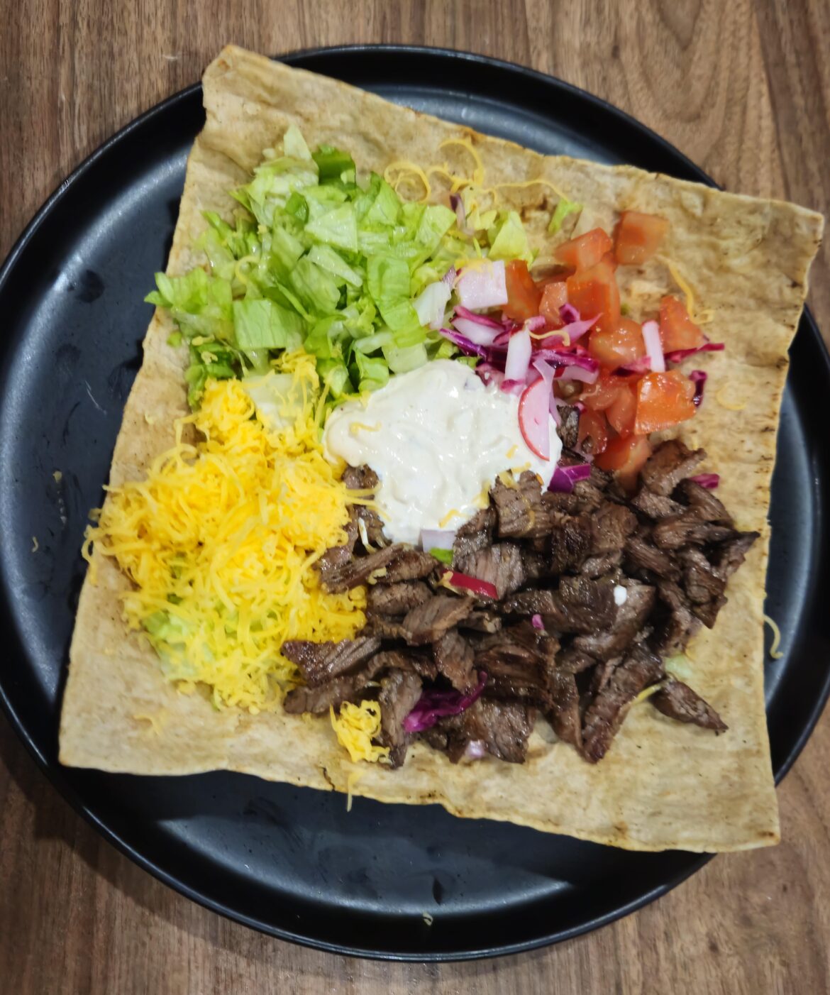 Wok-fried lavash taco bowl (go easy, new here)