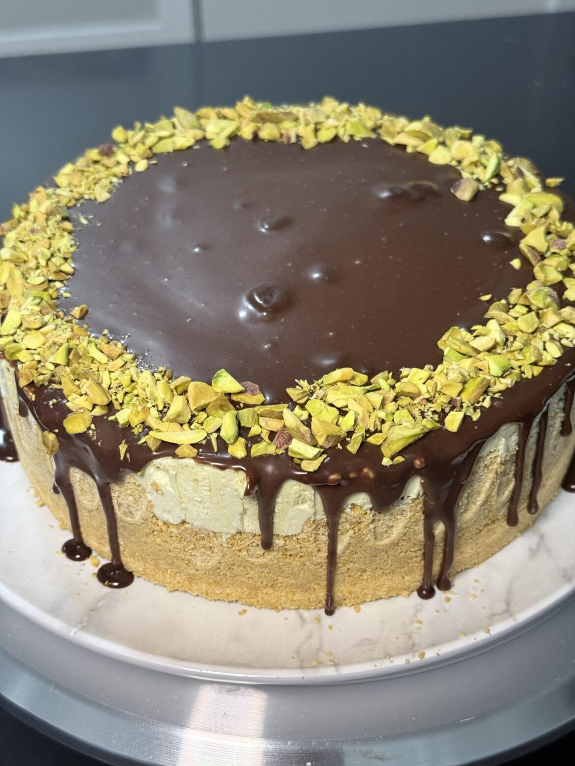 pistachio cheesecake with chocolate coffee ganache