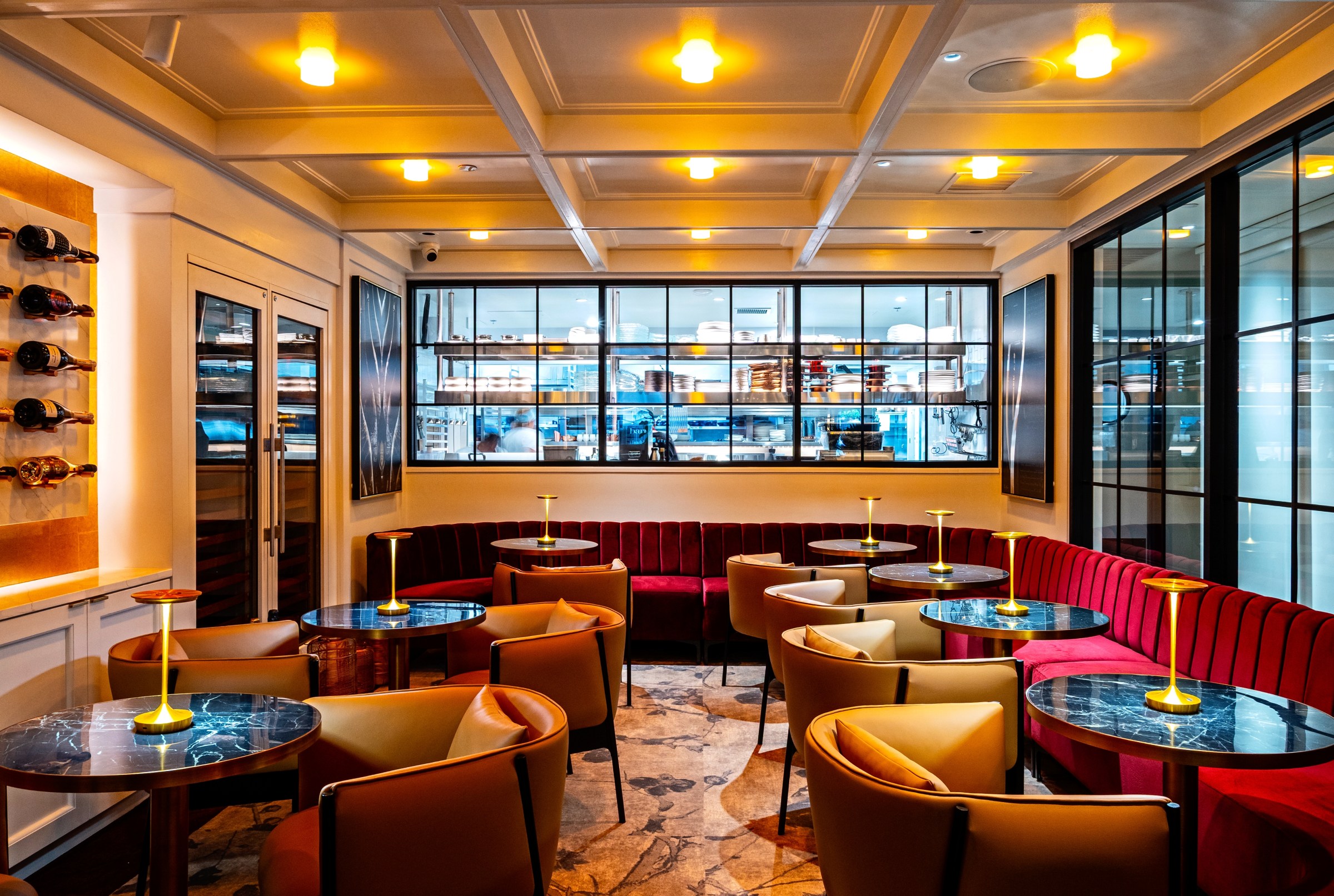 The open space sports crimson-colored booths and plenty of marble.