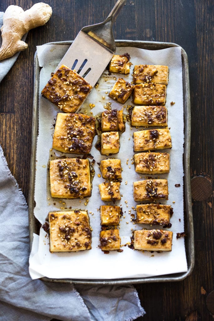 Baked tofu with sesame marinade on a sheet pan. 