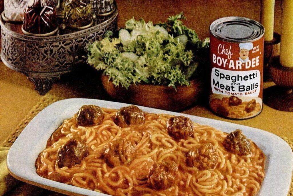 Chef Boy-Ar-Dee spaghetti and meatball dinners from the 1960s