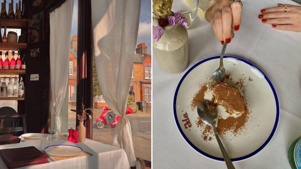 A table by the window inside Ida (left) / somebody tucking into a plate of tiramisu (right)