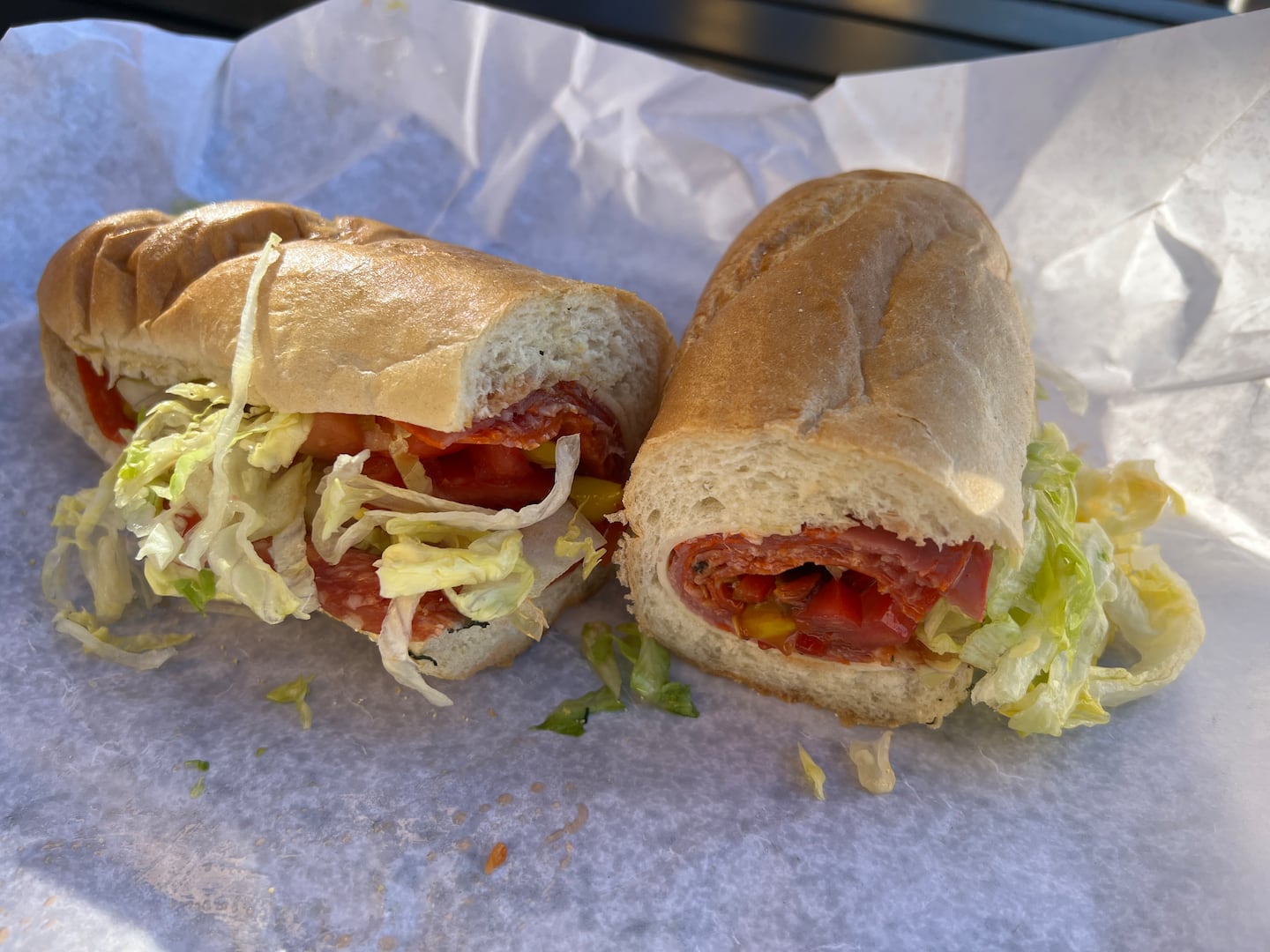 The Super Hot Italian at DePasquale's at Night Caps Corner: hot capicola, pepperoni, hot salami, provolone, tomatoes, lettuce, hots, banana peppers, onions, and oil.