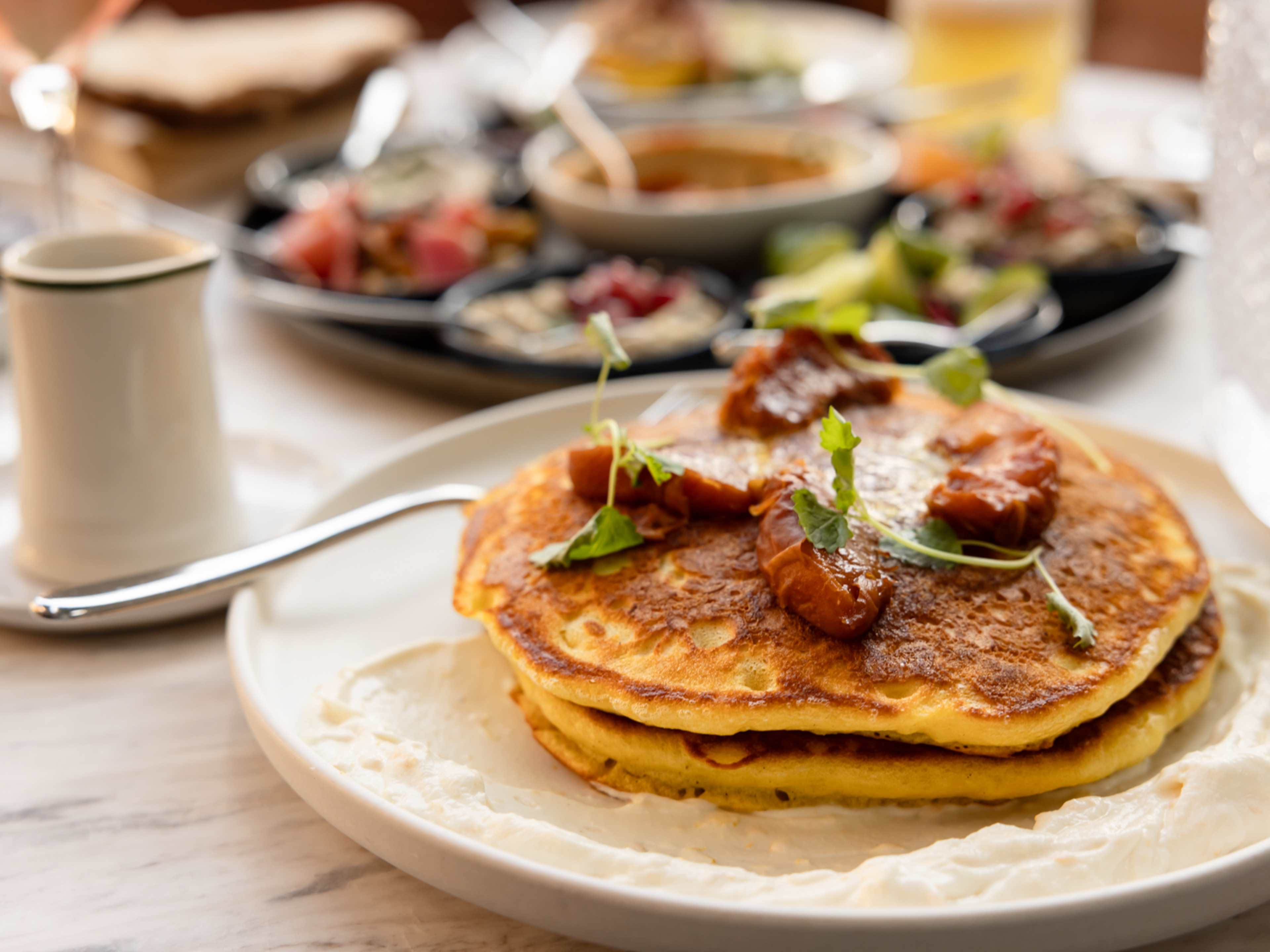 Olive oil pancakes with labneh