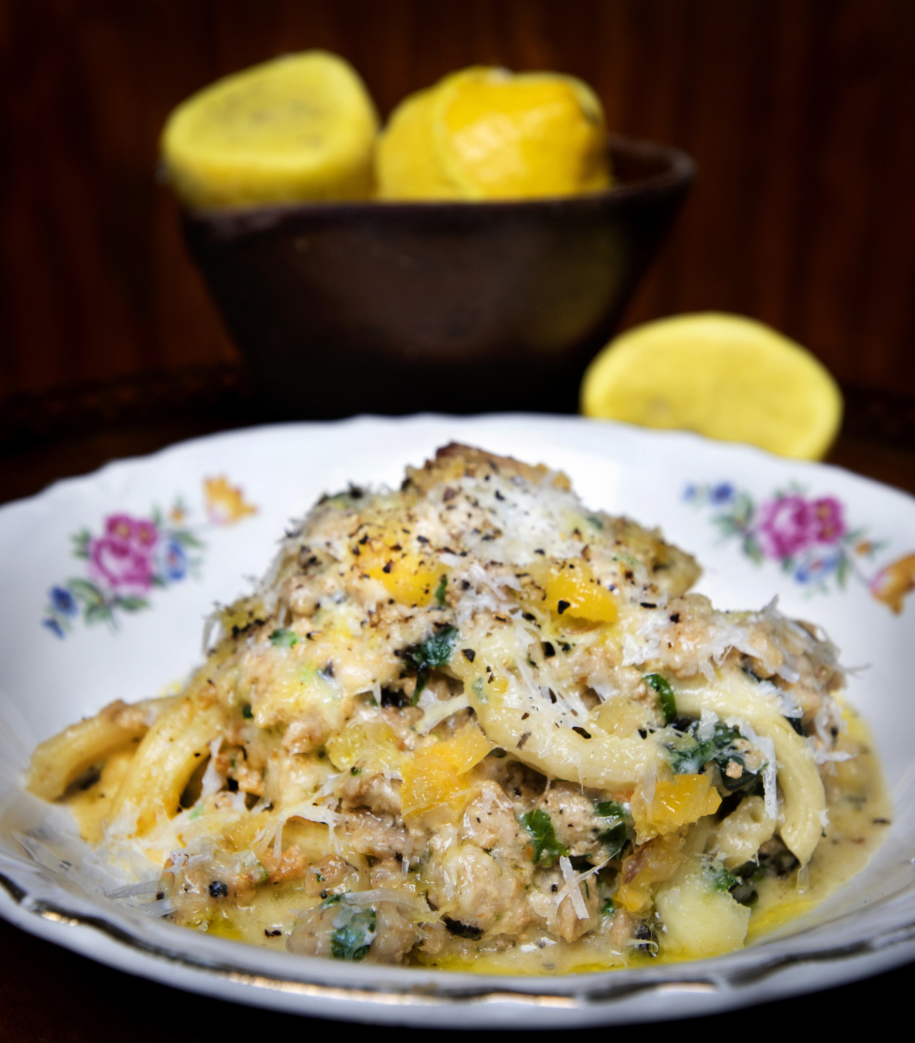 Gemelli pasta with bolognese bianco, preserved lemon and parmigiano reggiano at Olmo Restaurant.