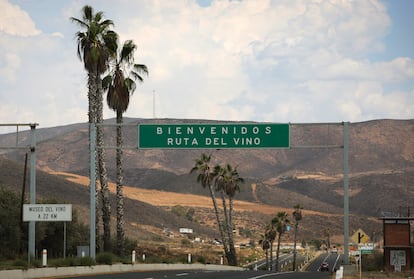 Traffic sign advertising the Wine Route in the Guadalupe Valley, in Baja California, Mexico.