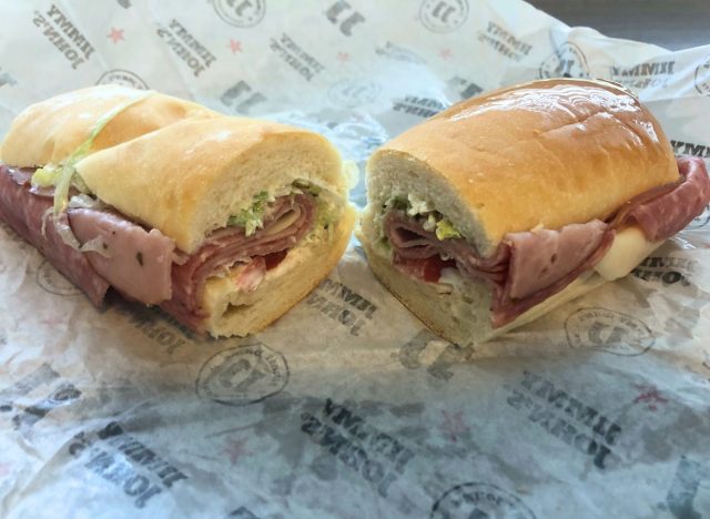 Two halves of an Italian Sub sandwich from Jimmy John's