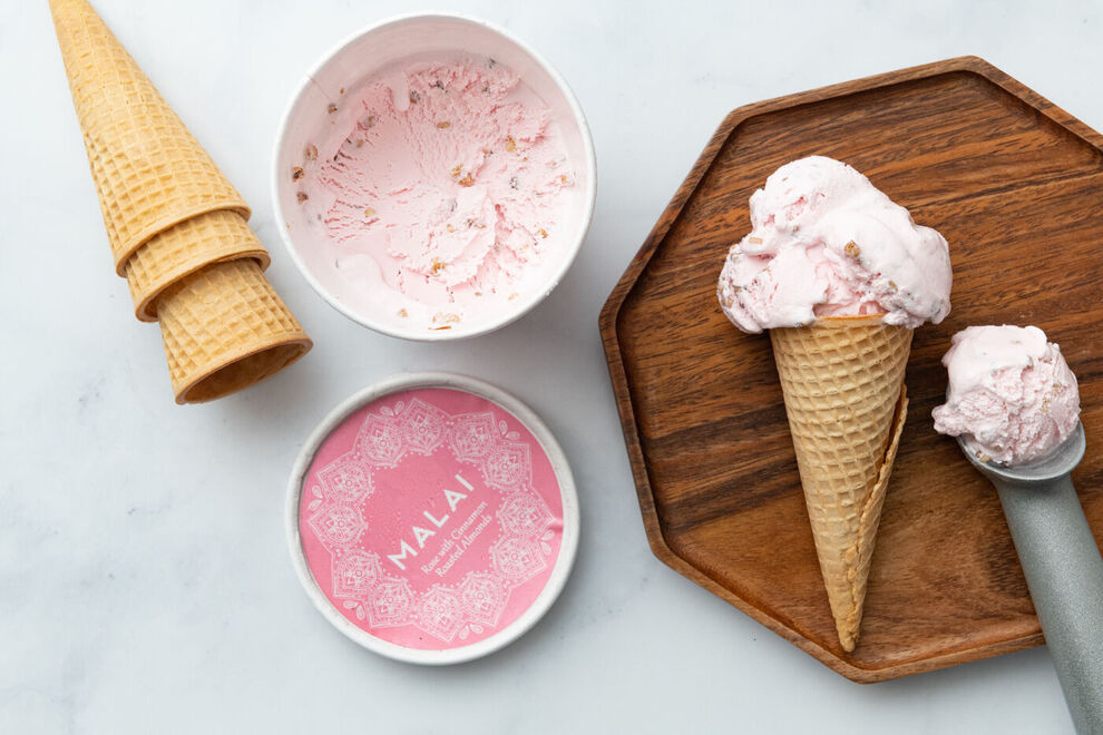 Malai's ice creams include ingredients such as cardamon, saffron, and rose petals