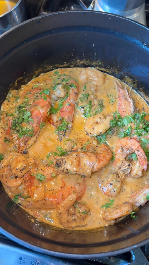 Coconut Shrimp and rice with fried pork belly and salad.