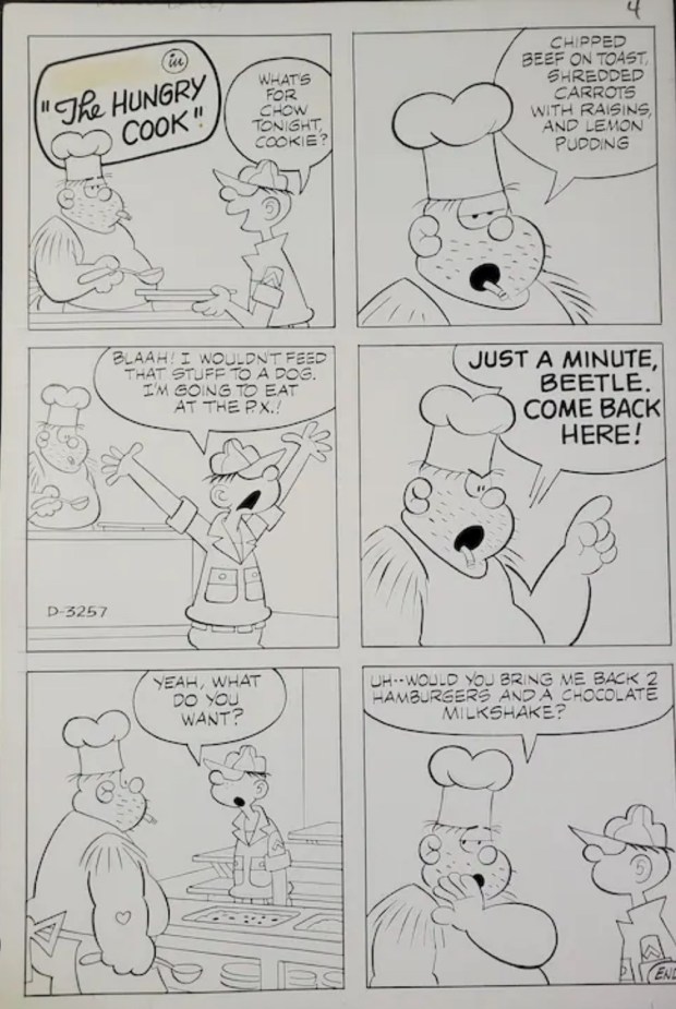 Syndicated comic strip title character Beetle Bailey, carried in the Chicago Tribune until June 2002, often referred to his menu malaise for "chipped beef" to mess hall sergeant Cookie, such as in this 1972 panel strip. (King Features Archive)