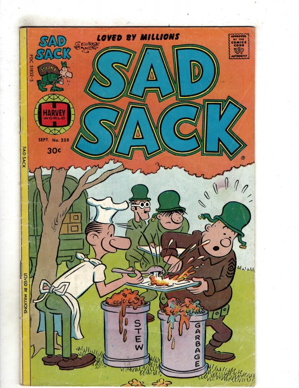 Mundane military menus, resurrected and repeated in constant rotation to serving ranks, became popular punchlines, including for comic strip references in "Sad Sack" in this 1977 issue. (Harvey Comics Archive)