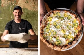 Joint image shows Dan Richer of Razza in Jersey City kneading pizza dough, and holding a Zucchine pie