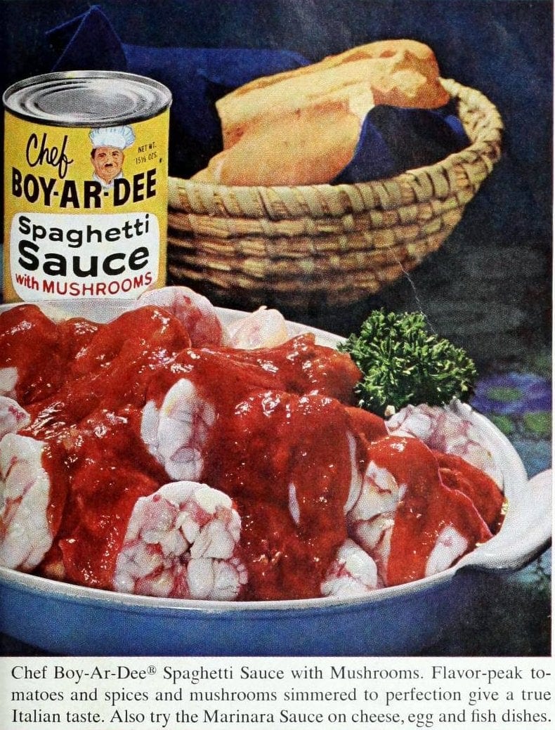Retro 1960s Chef Boy-Ar-Dee spaghetti sauce with mushrooms