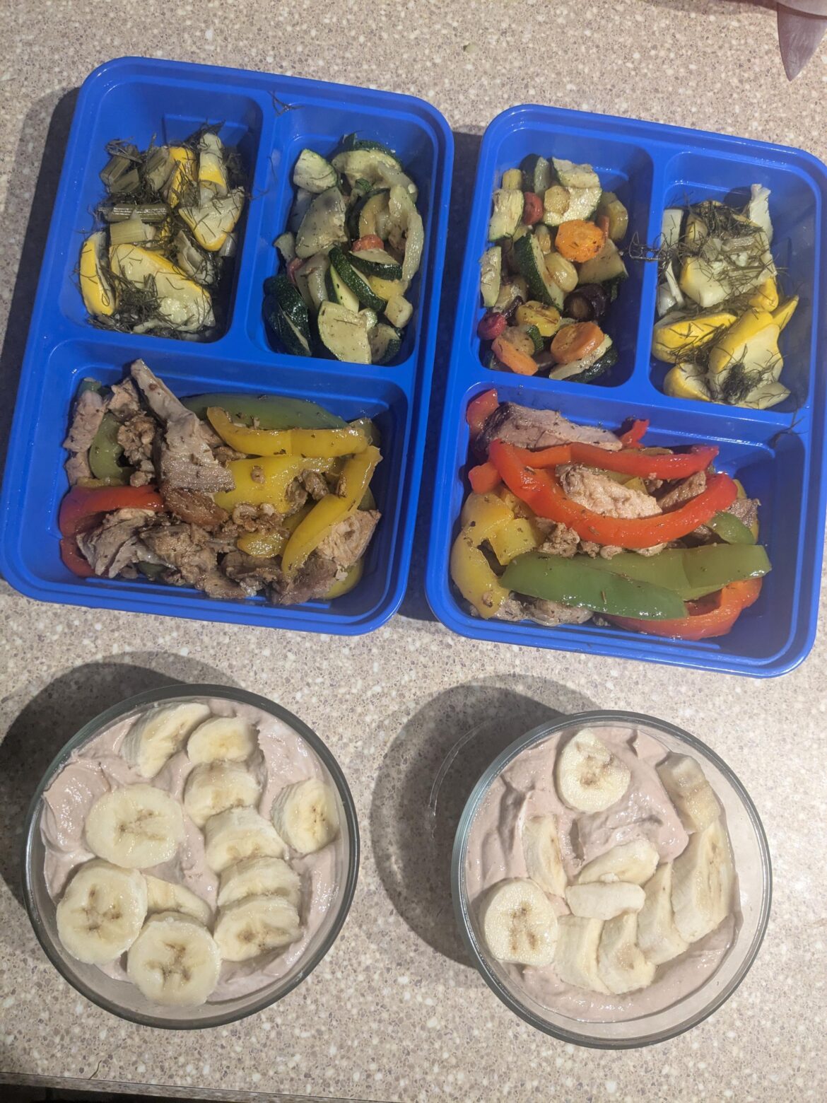 Fajitas w/ leftover pork roast, 2 CSA veg medleys + protein pudding for some long ass workdays