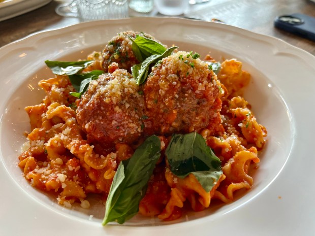 pasta in red sauce with meatballs and basil