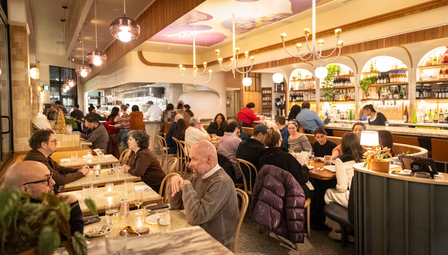 Patrons dine inside Oberlin in Providence, R.I.