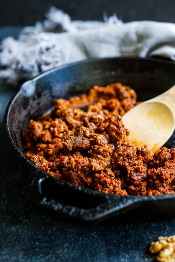 vegan chorizo in a skillet.