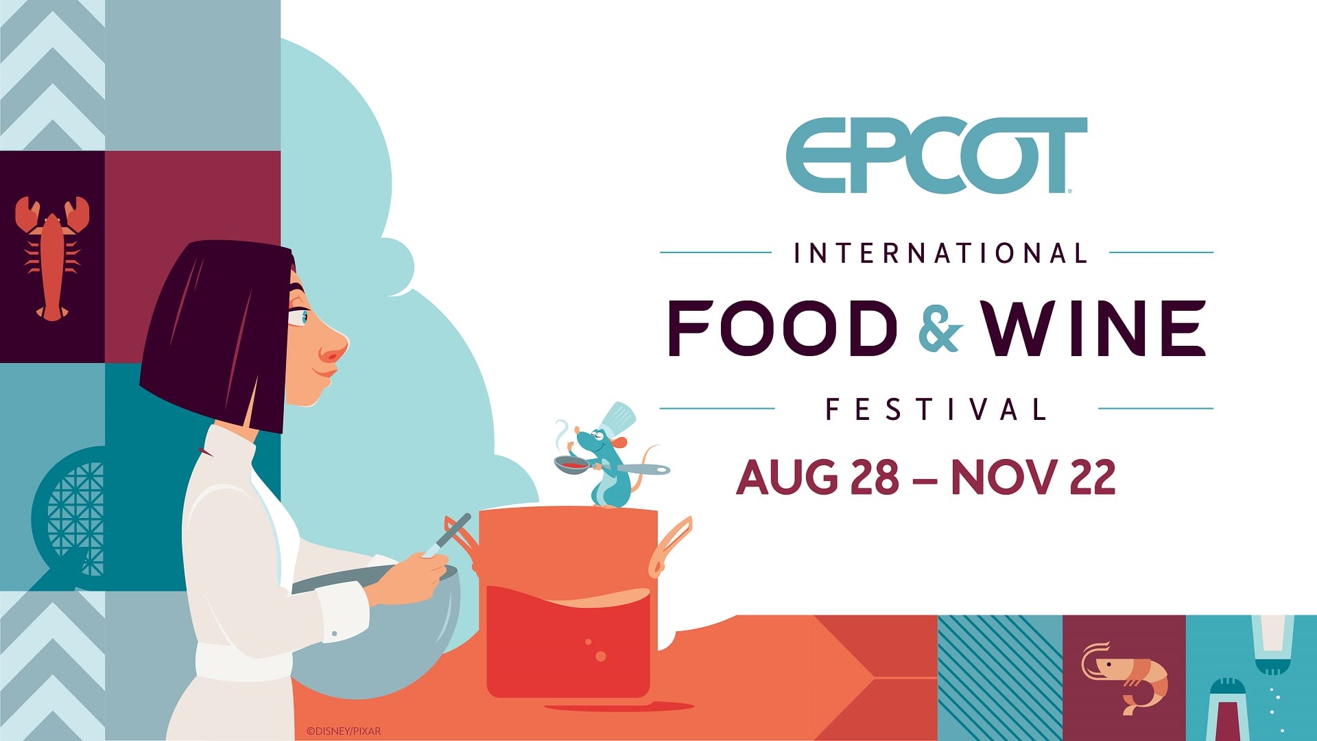 Illustration of a chef cooking, with text: "2025 EPCOT International Food & Wine Festival, Aug 28 – Nov 22.
