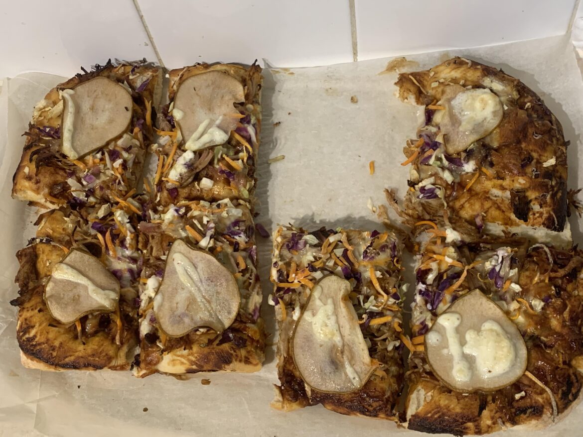 Mid week pizza … left over pulled pork , sweet bbq sauce base , coleslaw , pear slices and garlic aioli …  am I wrong ?