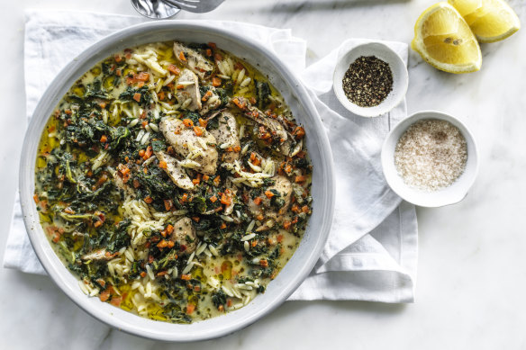 Danielle Alvarez’s one-pot chicken, spinach and orzo stew.