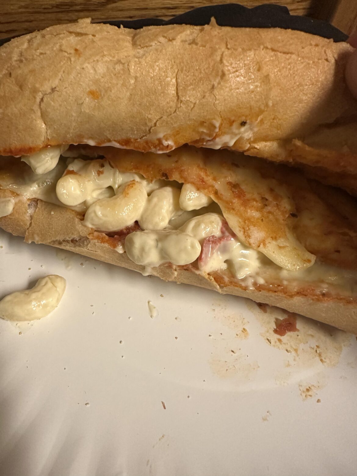 French bread, pizza sauce, mozzarella, macaroni salad. 9.5/10 snack