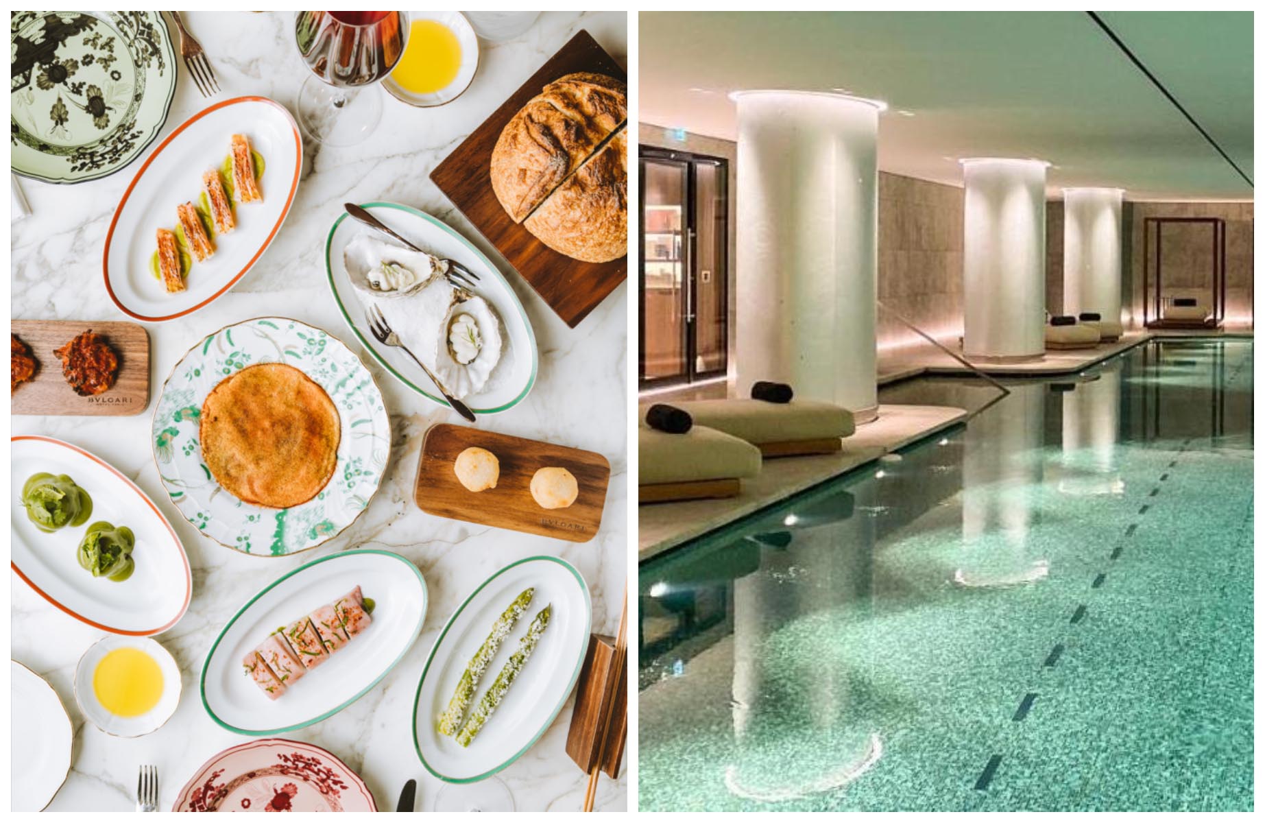 A table of dishes at Chef Niko Romito's Paris outpost inside the Bulgari hotel, and the backlit spa pool, one of the most stylish in the city. © Il Ristorante - Niko Romito - Bulgari Hotel Paris