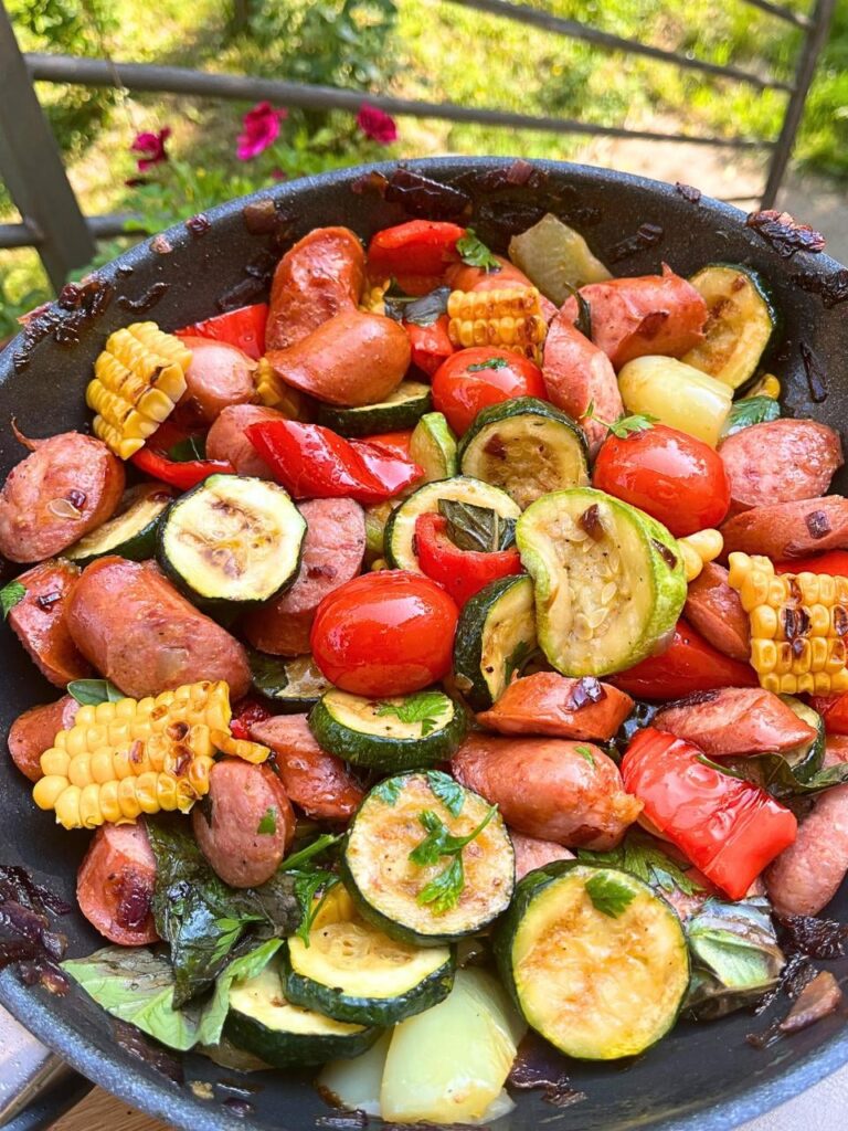 Summer Sausage Skillet with Basil Cilantro Crema