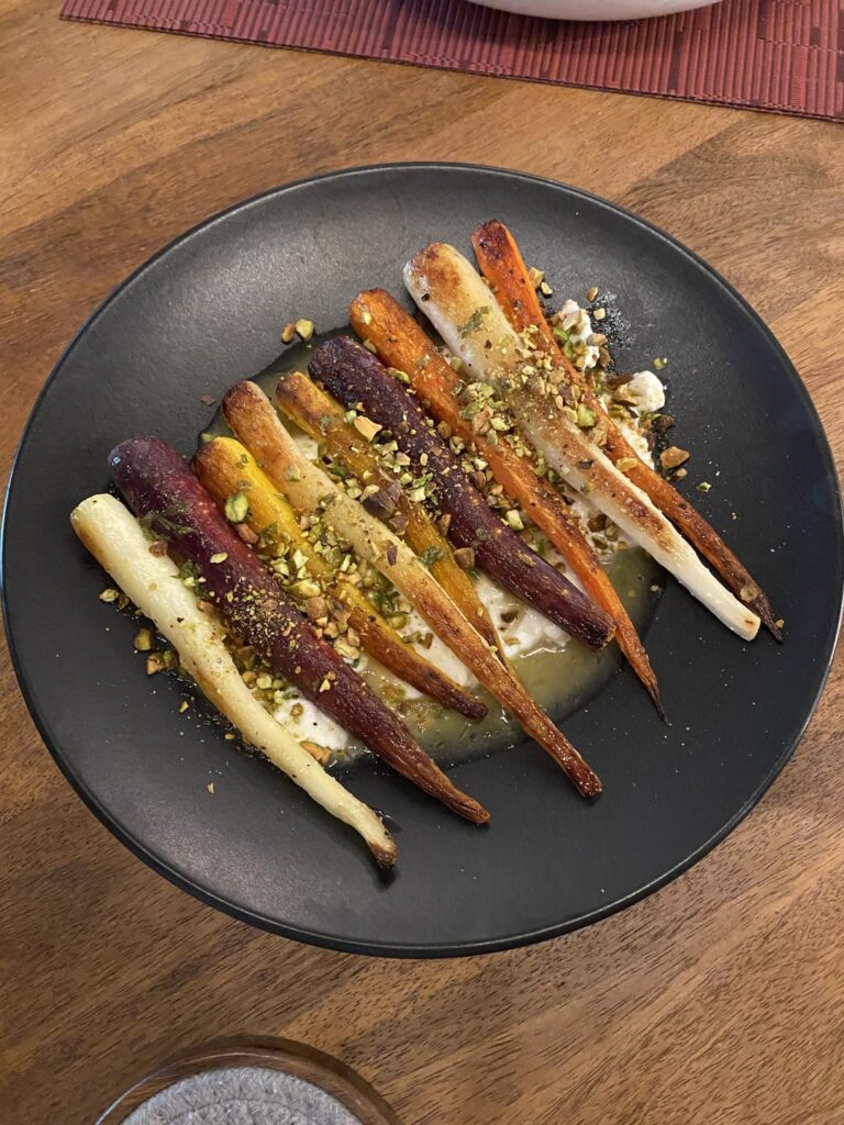 Roasted carrots + sous vide, pan-seared chicken thighs + creamy polenta