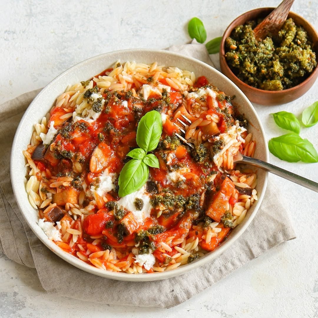 A comforting yet sunny twist on a classic – this aubergine parmigiana orzo is perfect for al fresco dining