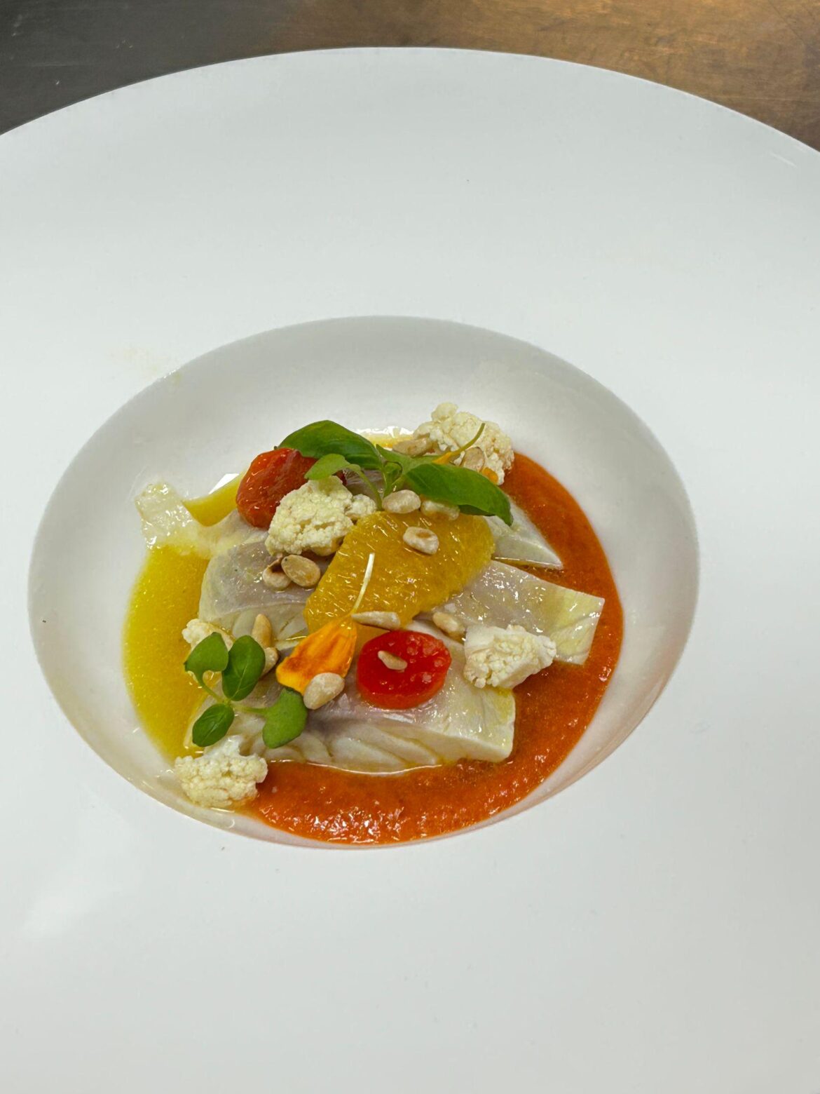 dorade ceviche/ pickled cauliflower/ smoked pepper puree/ orange/ basil
