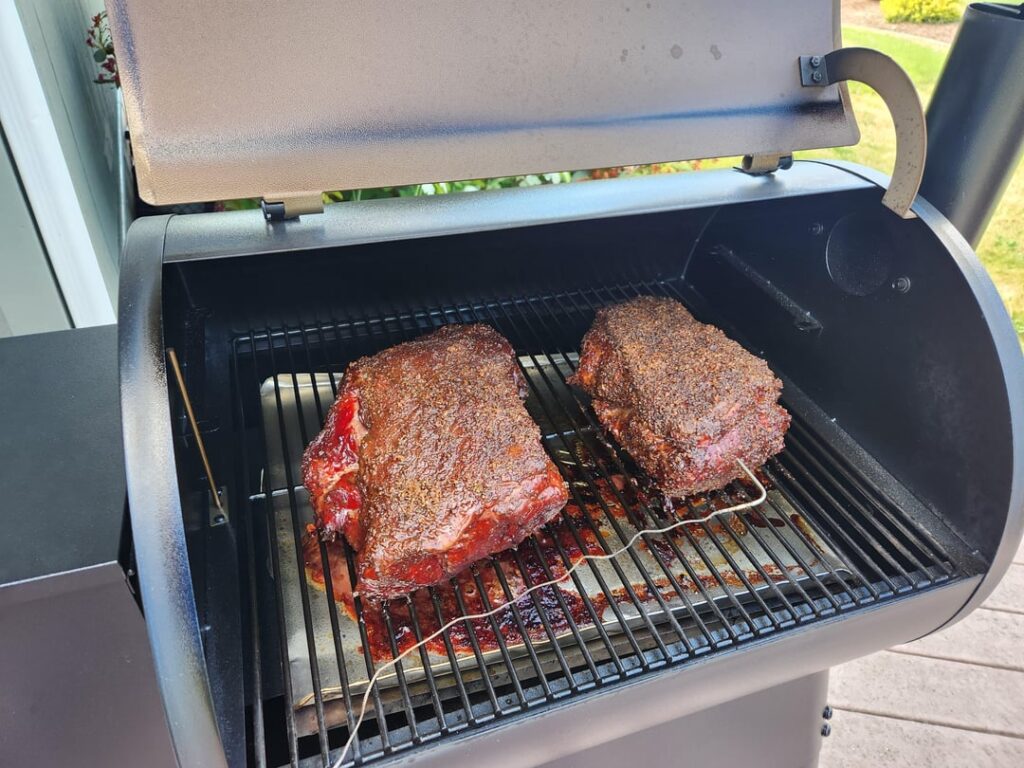 First Proper Smoke on the $299 Pro 22 Home Depot Grand Opening-2 Pork Shoulders-Spritzed on and poured on Dad's Root Beer as it is what I had and it contains real sugar