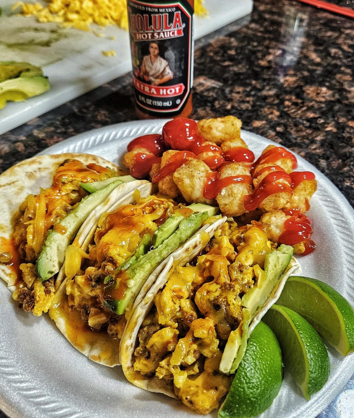 Breakfast tacos and tater tots.