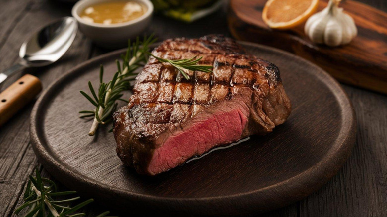 Char grilled florentine steak on a black plate with a sprig of rosemary