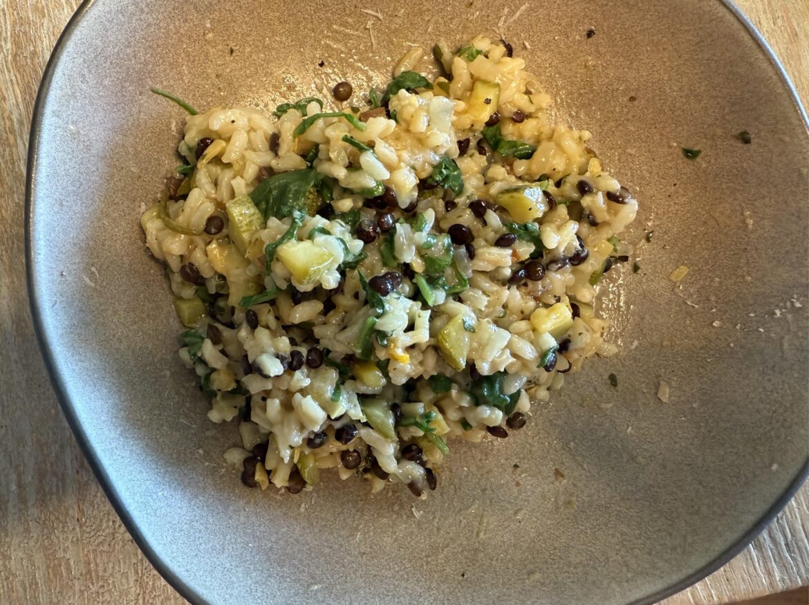 Summer squash lemon risotto with lentils and arugula