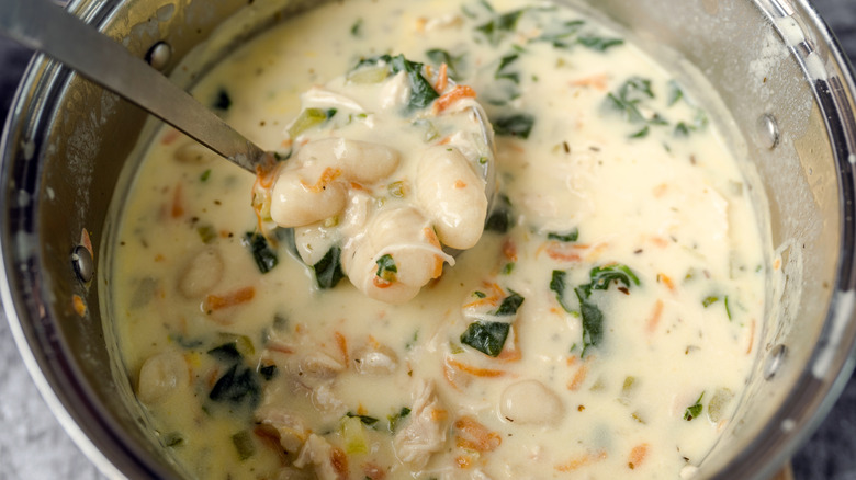 Pot of homemade chicken and gnocchi soup