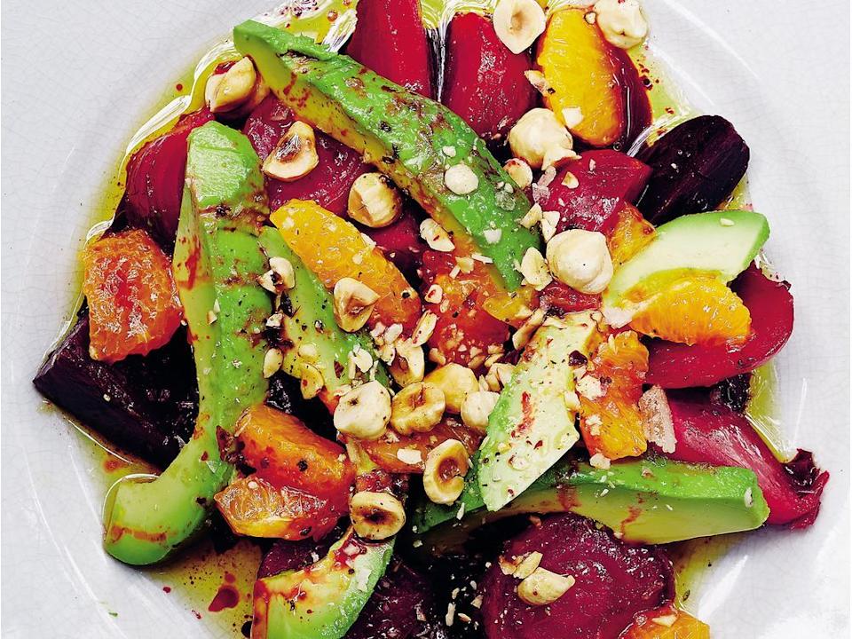  Roasted Beets with Avocado, Orange, Toasted Hazelnuts & Sherry Vinegar.
