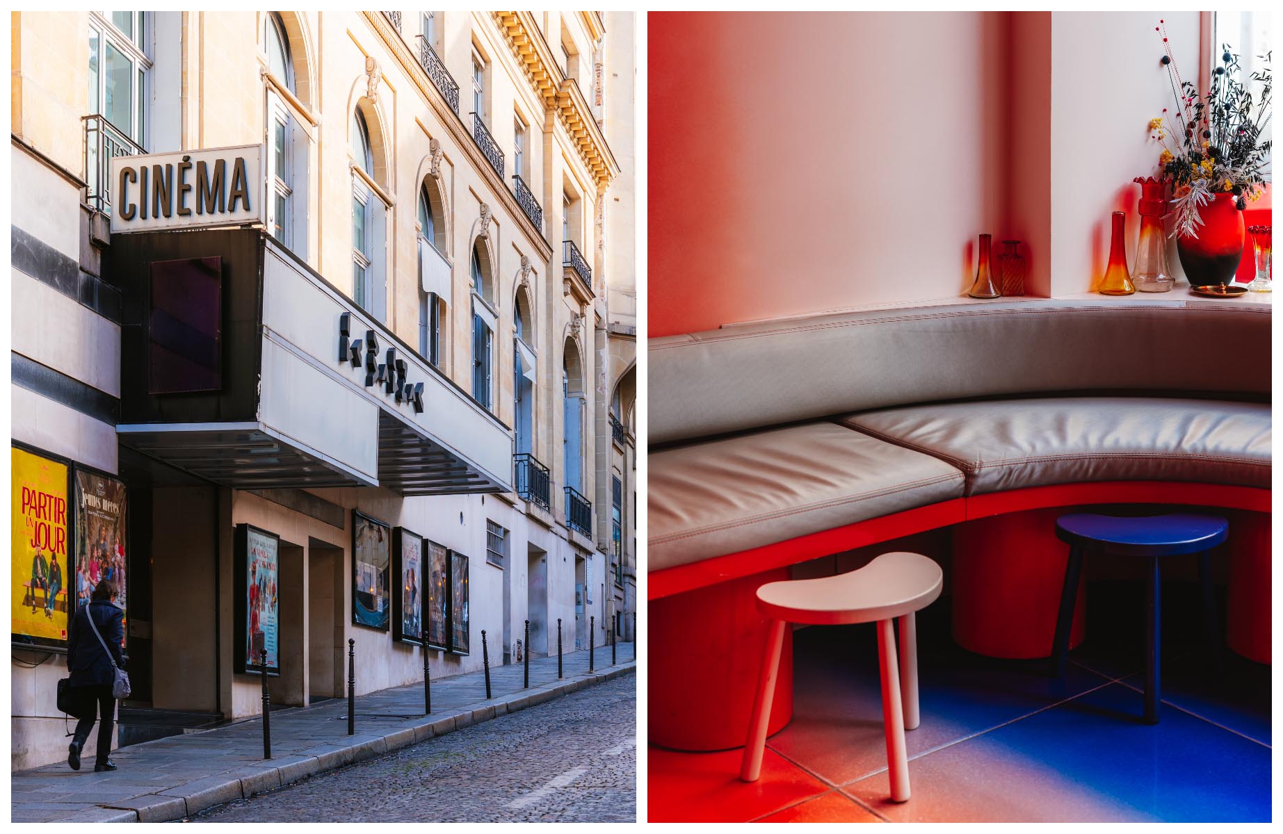 The exterior of local institution Cinema Le Balzac, and inside ultrasleek café Nuances nearby on Rue de la Trémoille. © Mary Quincy/The MICHELIN Guide