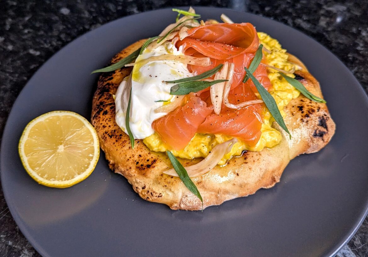 Smoked salmon and scrambled egg flatbread