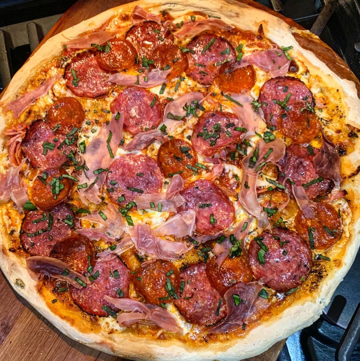 [OC] Ham, Salami, Pepperoni and Prosciutto Pizza.