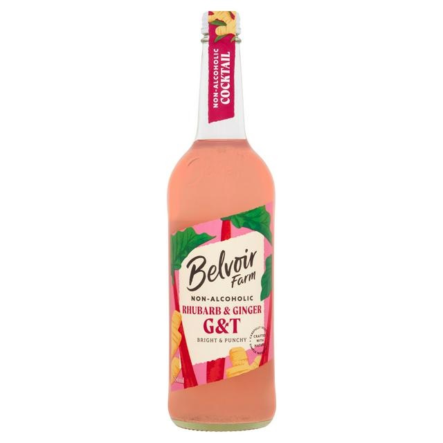 Bottle of Belvoir Farm non-alcoholic rhubarb and ginger G&T.