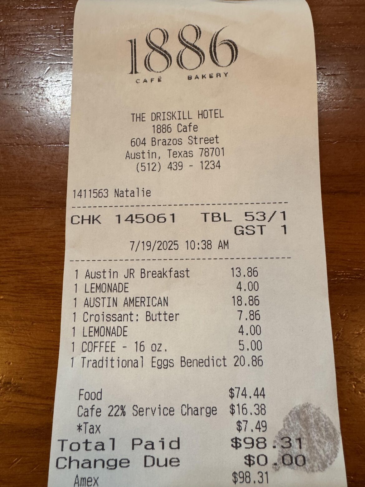 The Driskill: Built in service charge and tax on the service charge